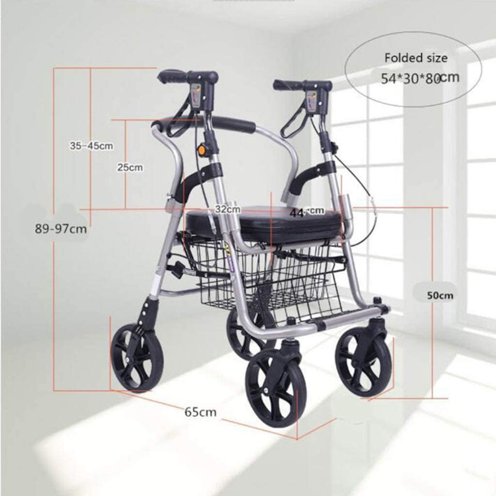 Andador para personas mayores con ruedas, estructura de aluminio plegable y ligera, altura regulable, cesta de compra con asiento con freno, apto para uso interior y exterior