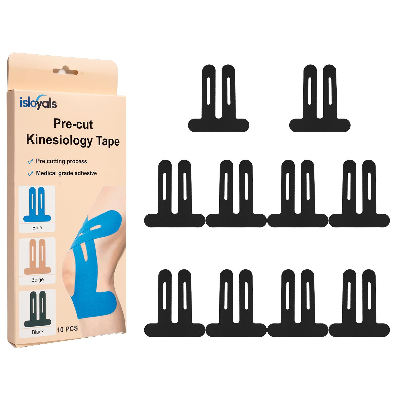 10pcs Precut Kinesiology Tape for Knees, Breathable Elastic Athletic Muscle Tape Strips, Waterproof Knee Pain Relief Athletic Tape for Knee Support, Stability (Black)