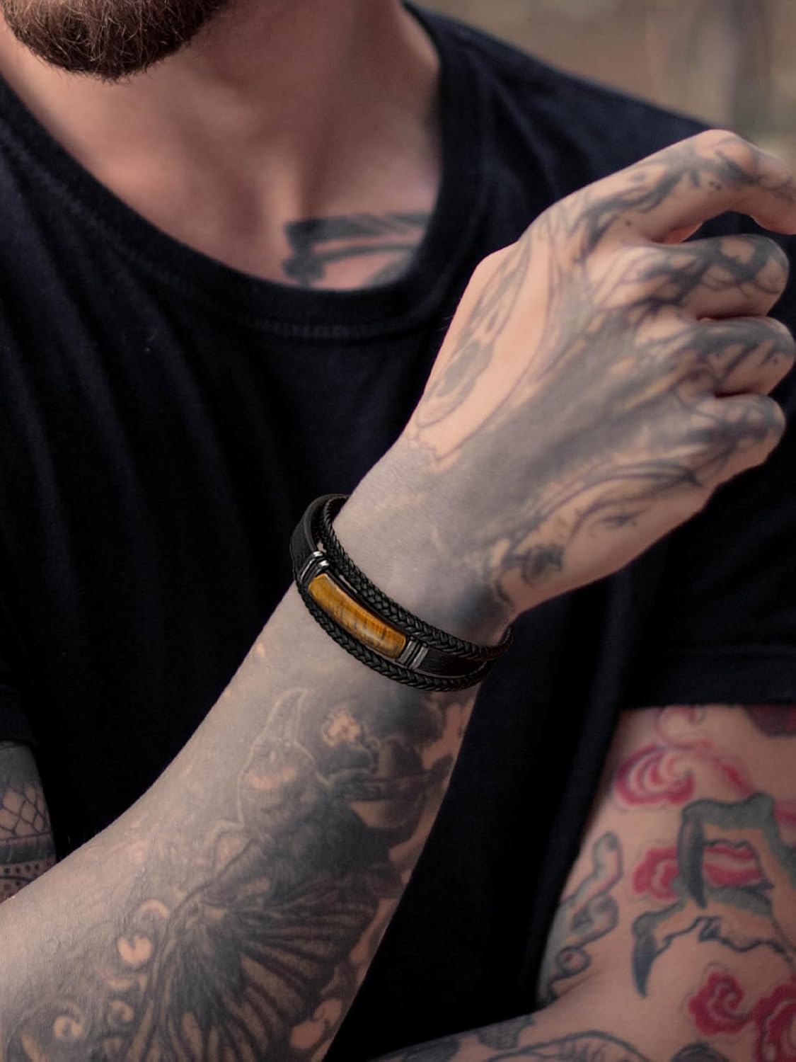 Mens Black Leather Obsidian/Turquoise/Tiger Eye/Red Agate Bracelet–Braided Multi‑Layer Wristband Cuff Bangle Bracelet with Stainless Steel Clasp Gift Jewelry Box Included-8.3in - Image 2