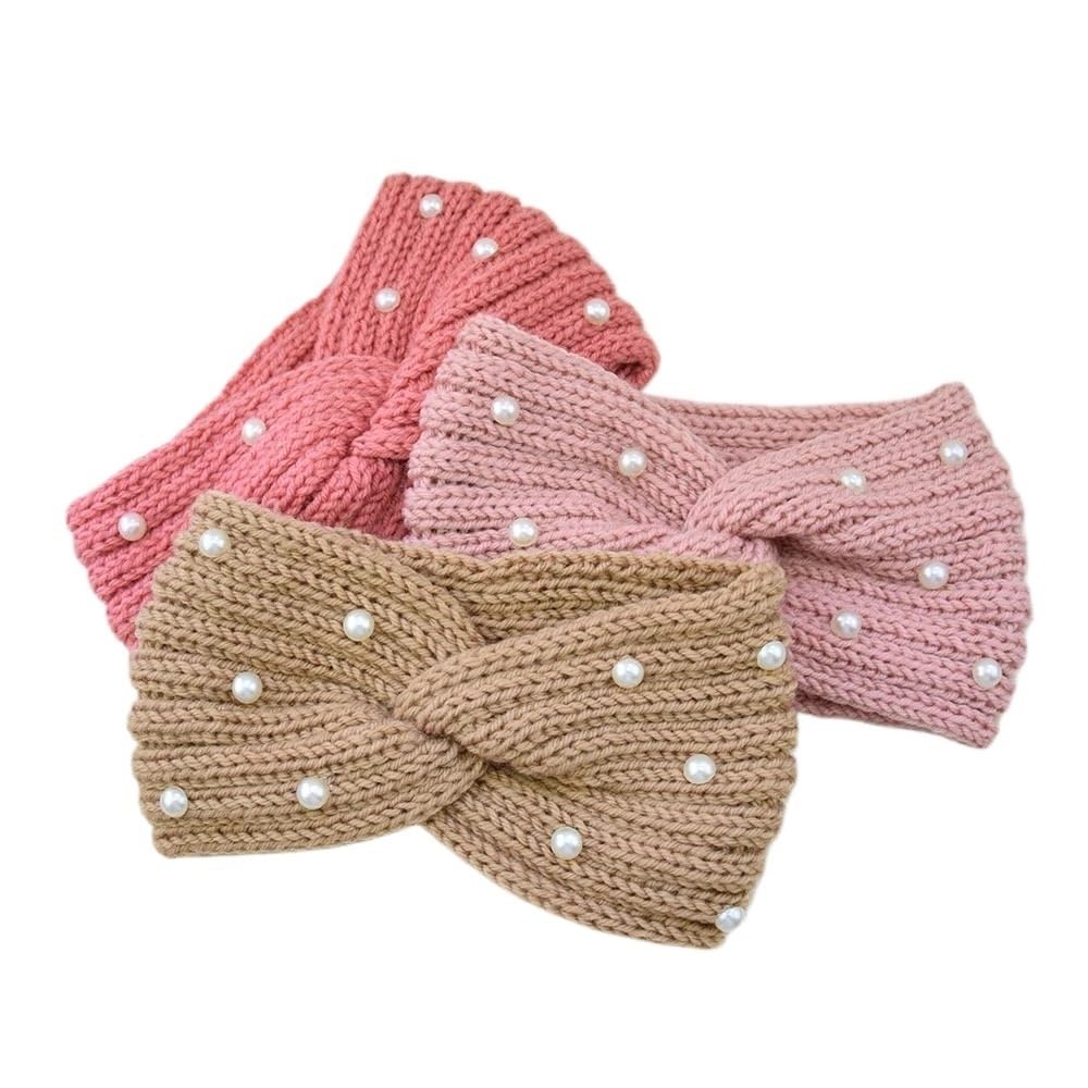 Stirnband 2/3 stücke Frauen Breite Gestrickte Kreuz Perle Stirnbänder Herbst Winter Warme Feste Haar Bands Ohr Wärmer Elastische Sport Turban Headwrap Winter Stirnband(Light Color-3pcs)