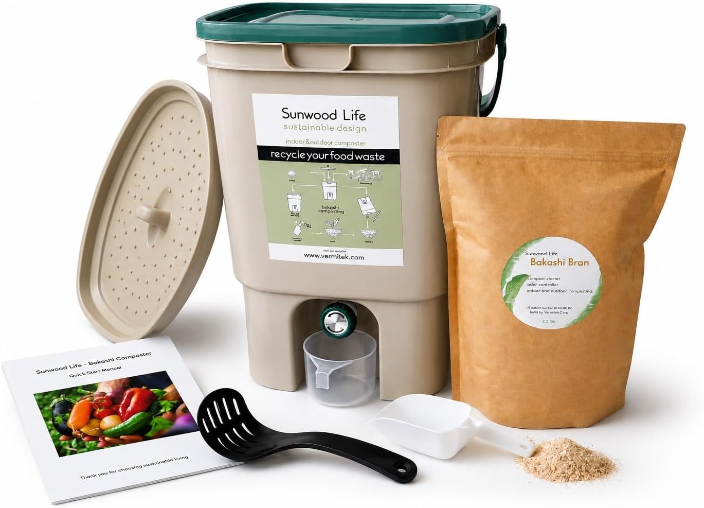 Indoor Bokashi Composter Starter Kit- Beige, 2.2 lb Premium Bokashi Bran Included, Easliy Turn Your Kitchen Wastes into Nutrition for Your Garden Soil