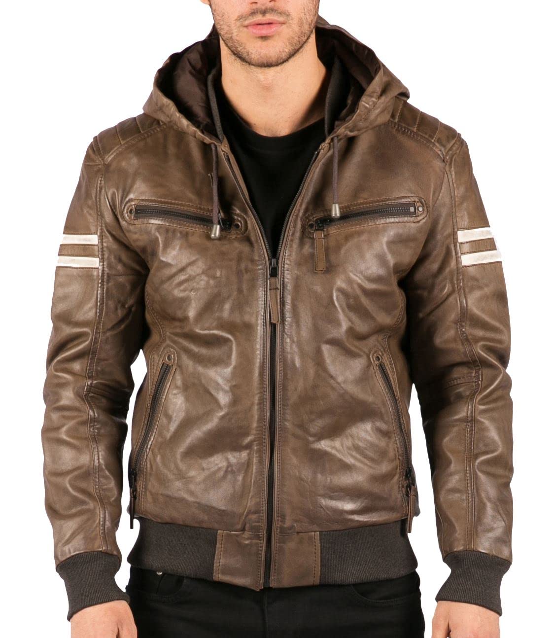 Truclothing Men's Brown Bomber Jacket Outwear Windproof Winter Real Leather Jackets Coat Quilted Hood - 3XL