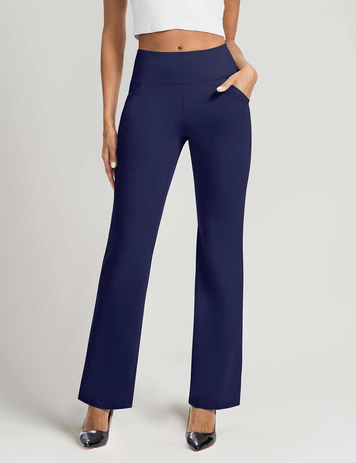 AVAMO Womens Dress Pants Straight Leg High Waisted Pull On Stretchy Work Pants Business Casual Slacks Office with Pockets - Image 2