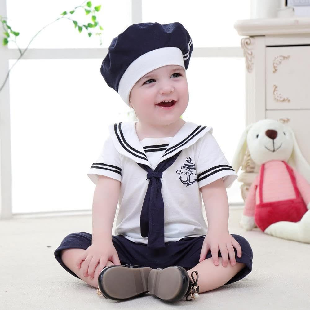 Lito Angels Matrosen Kostüm Kleidung Verkleidung Strampler Bodysuit mit Mütze Hut für Baby Jungen, Weiß Marineblau