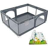 JUPPLIES Parque Infantil Bebe 120x120cm + Alfombra Bebe – Corralito Bebe con Malla Transpirable – Parque de Juegos Bebe Plegable con Puerta Lateral – Playpen Bebe - Gris