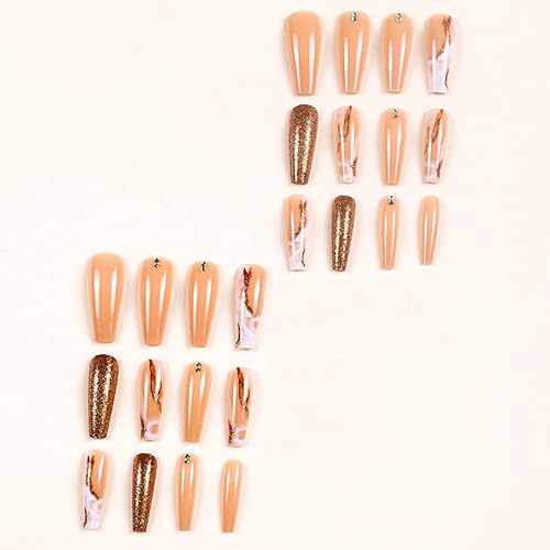 Miniatura 9 de Uñas postizas a presión marrones, uñas postizas largas con diseño de ataúd, diseño de mármol marrón con diamantes de imitación marrones, uñas