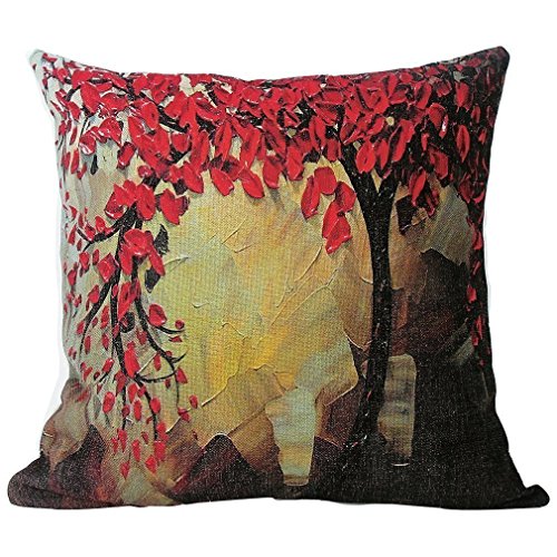 Onker Cotton Linen Square Decorative Throw Pillow Case Cushion Cover 18" x 18" Oil Painting Red Leaves Flower Black Tree