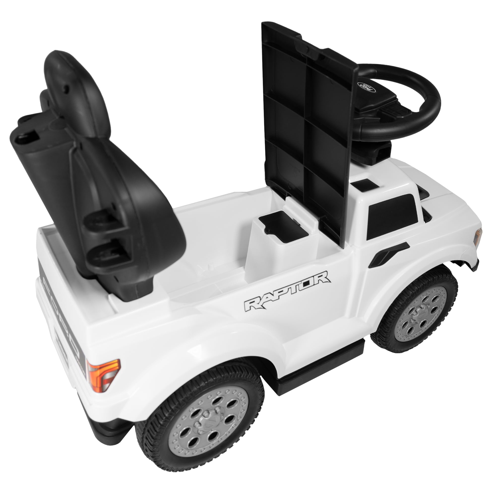 Lemodo Rutschauto Ford F-150 weiß mit Schiebestange, Kinderfahrzeug aus Kunststoff mit Sound-Lenkrad, abnehmbarem Sicherheitsbügel, Fußstütze & Staufach, Rutscherauto ab 1 Jahr