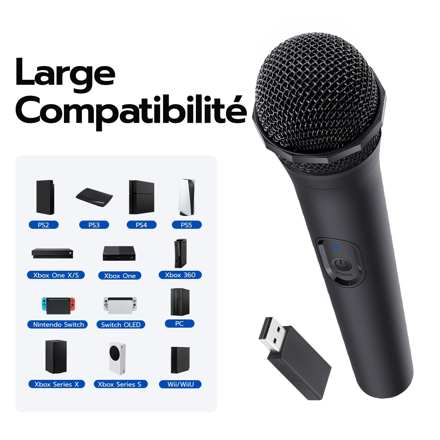 Mcbazel Faible Latence 2,4 G Microphone à Main sans Fil pour PS5 / PS4 / Pro / PS3 / PS2 / Xbox Series X | S/Xbox One X | Commutateur S/Xbox One/360 /NS Switch 2/OLED/Wii/Wii U/PC