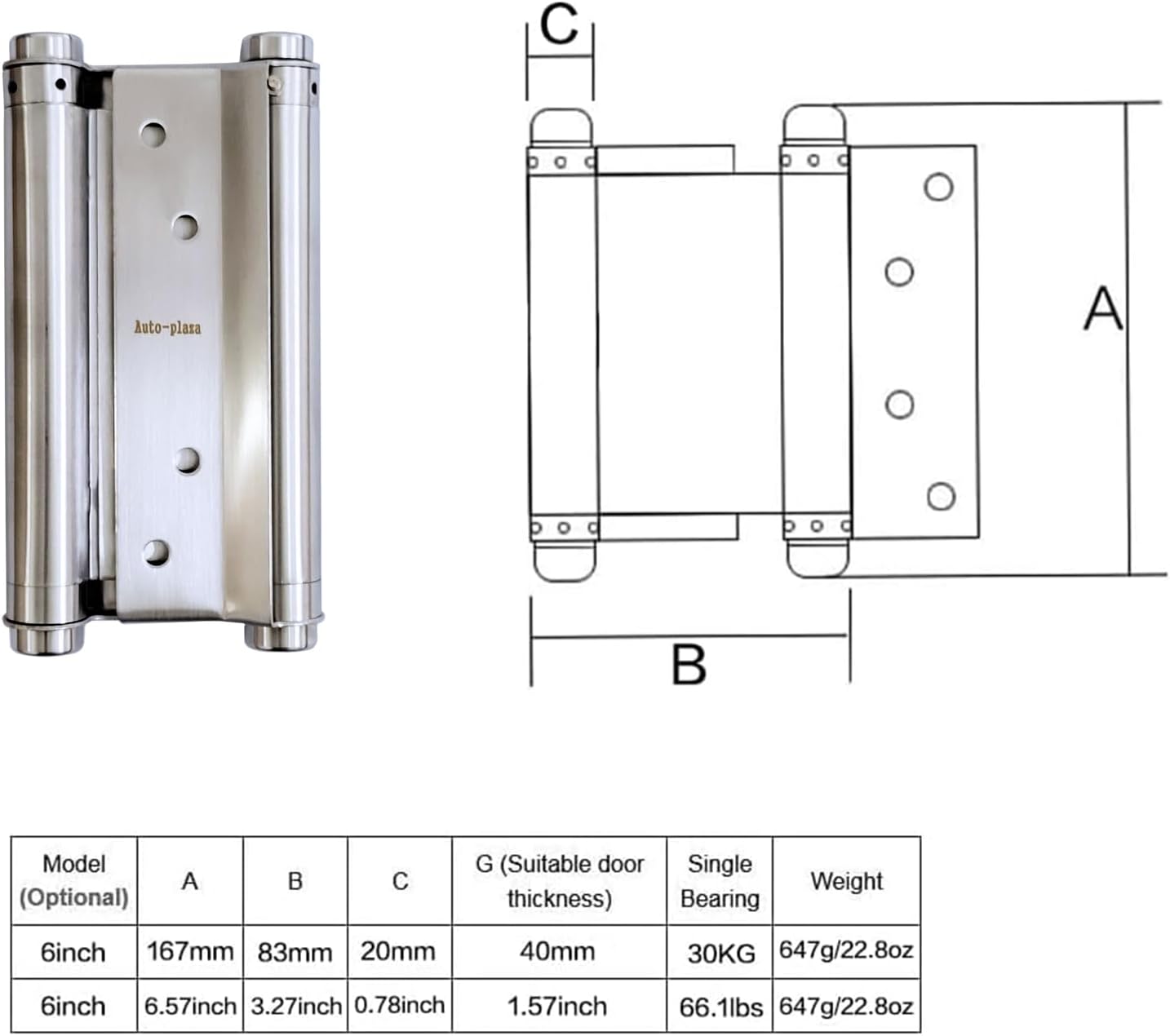 2 Pairs (4Pcs) of 6" Heavy Duty Stainless Steel Cafe Saloon Door Swing Self Closing Double Action Spring Hinges (Silver)