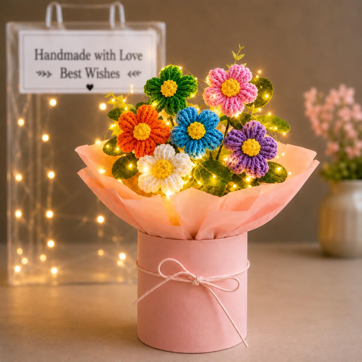 PulGos Artificial Crochet Flower Bouquet (1 Pc) | Handmade Knitted Floral Bunch for Home & Office Décor | Tabletop Cute Woolen Flowers Gift for Girls | Valentine, Gifting & Decoration Item (Pink)-image-6