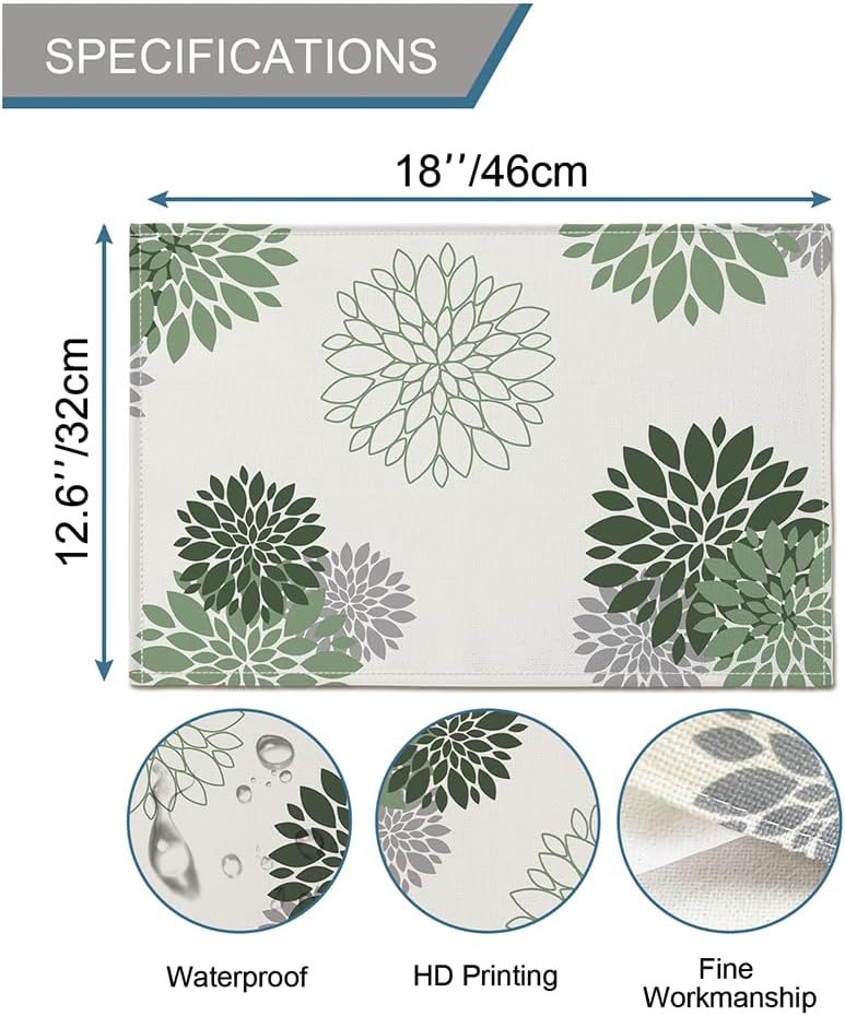 Green Placemat Dahlia Pinnata Flower Beige Burlap Waterproof Rectangular Place Mats Set of 4 Modern Washable Farmhouse Table Top Decor for Kitchen Dining Home Party Indoor Outdoor 12 x 18 Inch image 4