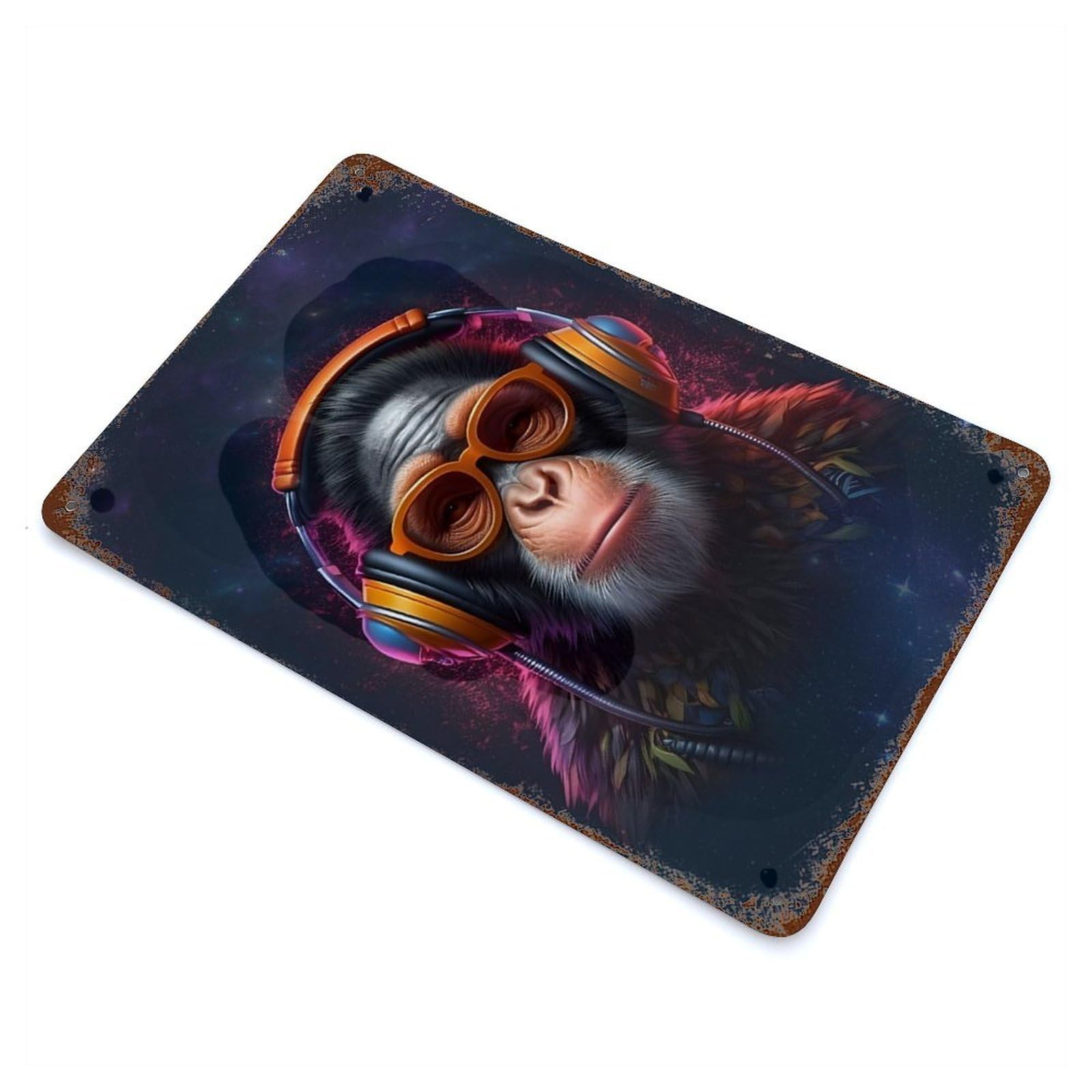 DJ Monkey with Headphones Rustic Tin Plaque 11.8"x7.9", Novelty Wall Decor for Garage, Pub Or Kitchen