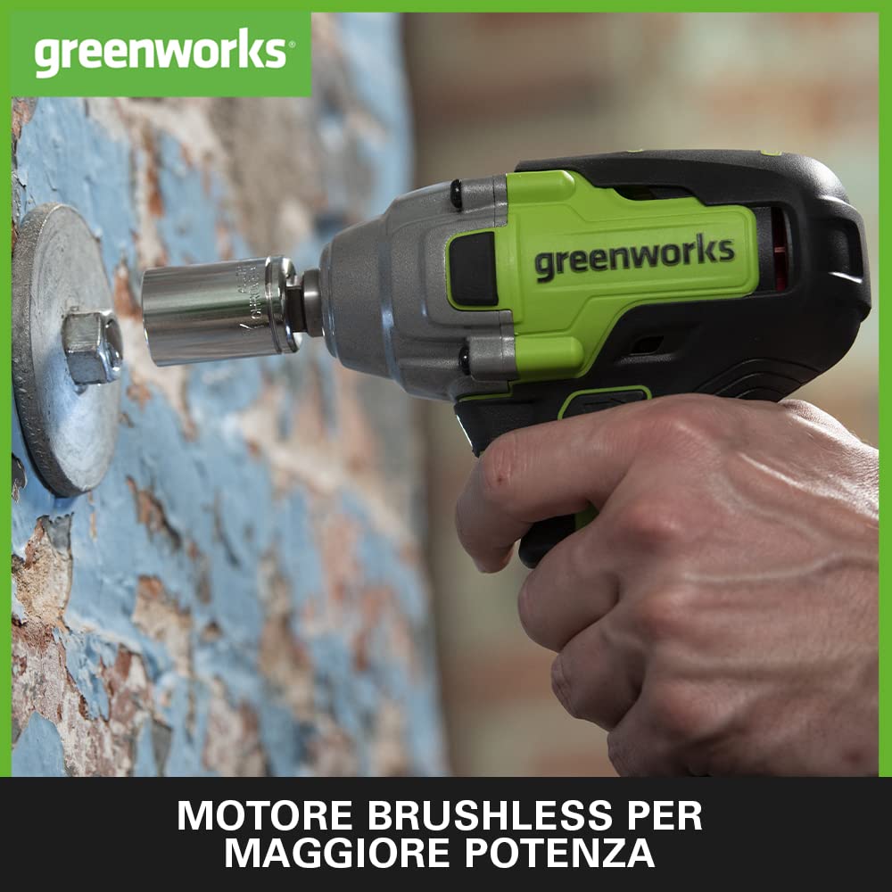 Greenworks GD24IW400 Bullonatrice a Impulsi a Batteria con Motore Brushless, 0-2800 giri/min., 0-4000ipm, 400Nm di Coppia, Attacco da 1/2" (1,27cm) SENZA Batteria 24V e Caricabatterie, Garanzia 3 Anni