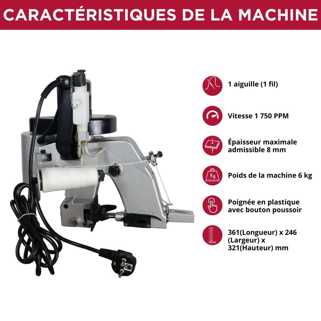 RHINO RH-11P Machine à coudre de sacs portable (1750 tr/min) | Machine à Coudre - Scelleuse de Sacs Manuelle 1 Aiguille pour Papier, Raphia, Toile, Polypropylène, Jute et tous types de Sacs et Sachets