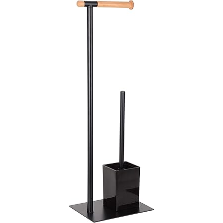 KOOK TIME – Portarrollos con escobillero baño - Metal Lacado Negro Mate y Madera de bambú - 22 x 18 x 67.5 cm - Accesorio de baño de pie