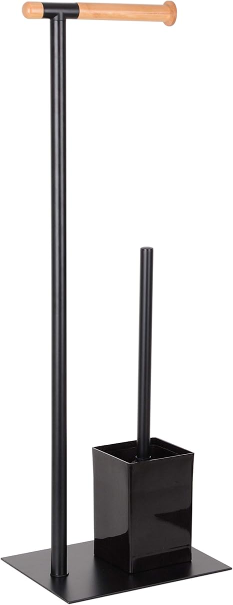 KOOK TIME – Portarrollos con escobillero baño - Metal Lacado Negro Mate y Madera de bambú - 22 x 18 x 67.5 cm - Accesorio de baño de pie