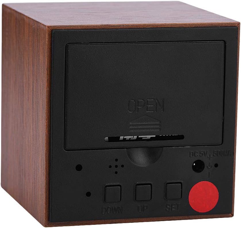Back view of the alarm clock showing control buttons (DOWN, UP, SET) and the DC 5V power input.