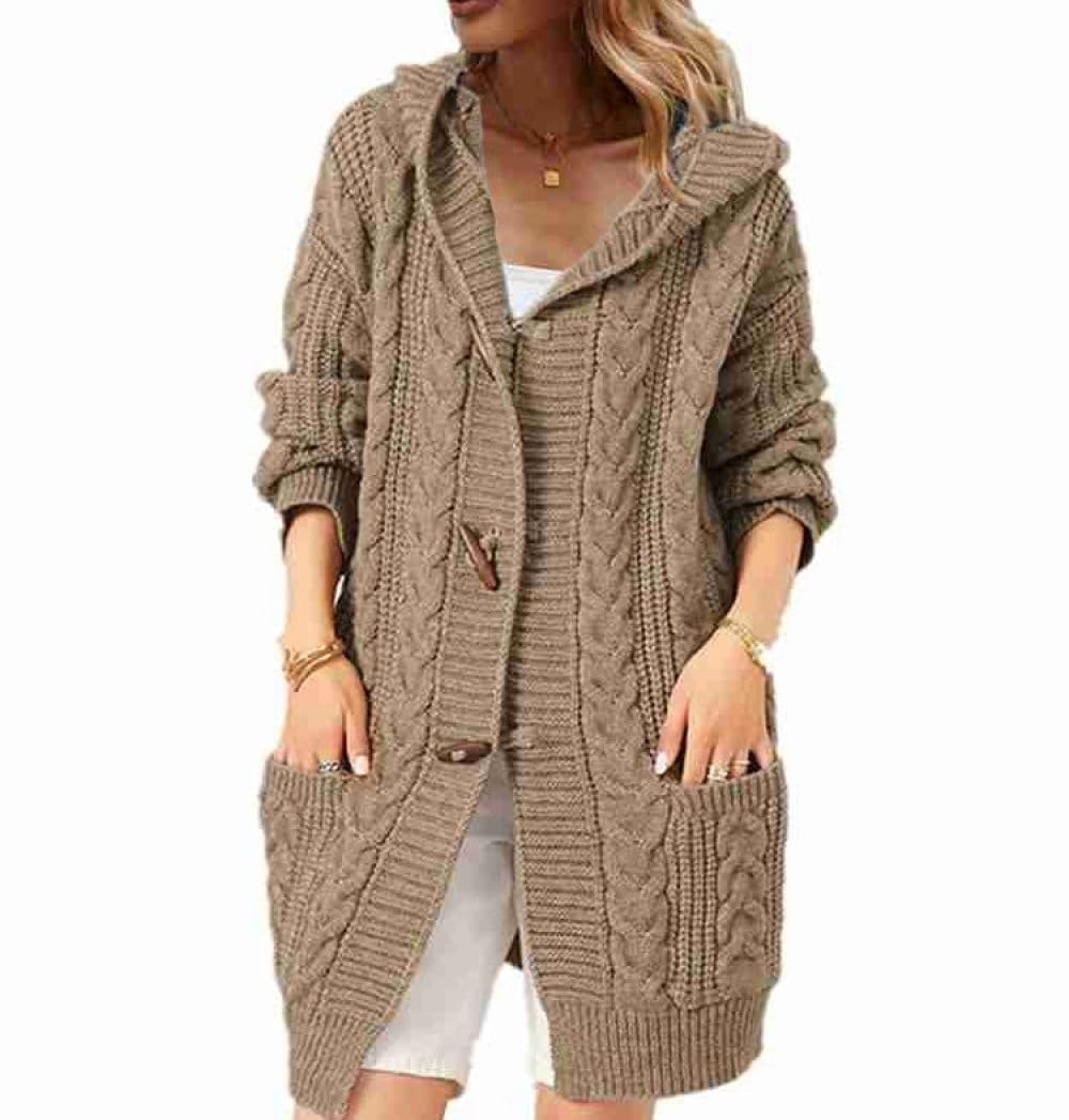 HGJH Damen Zopfstrick Hoodie Cardigan Vorne Offen Lange Strickjacke Lockere Knöpfe Weicher Pullover Elegante Übergangsjacke Kimono Cardigan Mantel Oberbekleidung Herbst Winter Khaki S