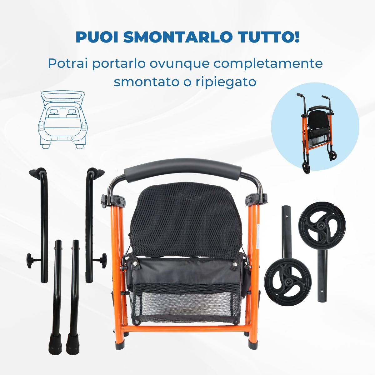 Mobiclinic®, Deambulatore per anziani, Nerón, Marchio europeo, Adulti o disabili, In acciaio, Leggero, Pieghevole, Con seduta, Cestino e 2 ruote, Colore arancione