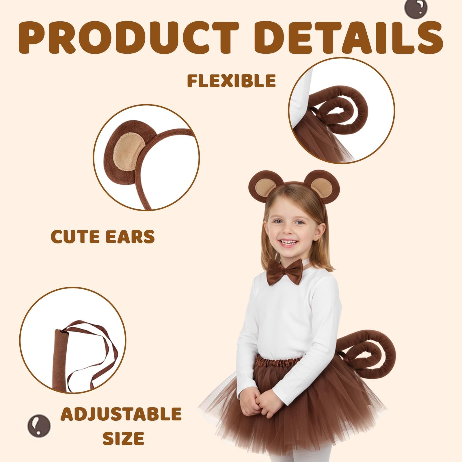 JISRKP Monkey Costume for Kids, Brown Tutu Kids, Children's Monkey Costume with Headband, Tail, Bow Tie and Skirt for 100-140cm Height - Image 3