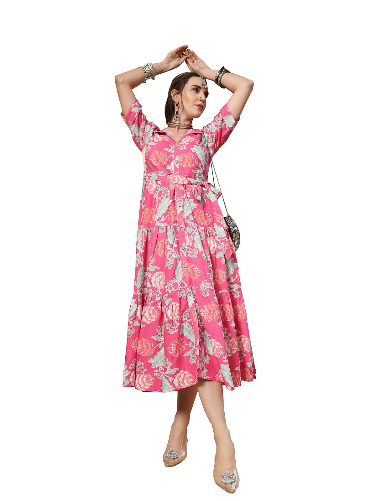 Stylum Women's Floral Printed Rayon Tiered Dress (Drspinkrenee40_Pink, L)