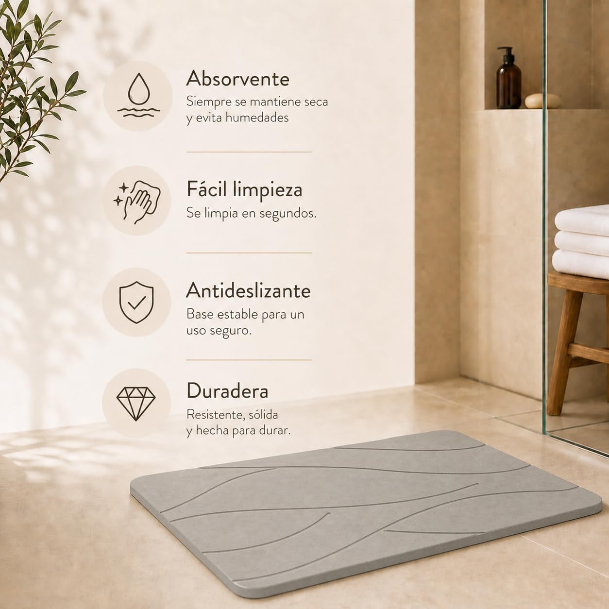 Alfombra de Baño de Diatomita 40 x 60 cm, Piedra Ultra Absorbente de Secado Rápido, Antideslizante y Antibacteriana, Alfombrilla de Ducha, Fácil de Limpiar. (Gris)