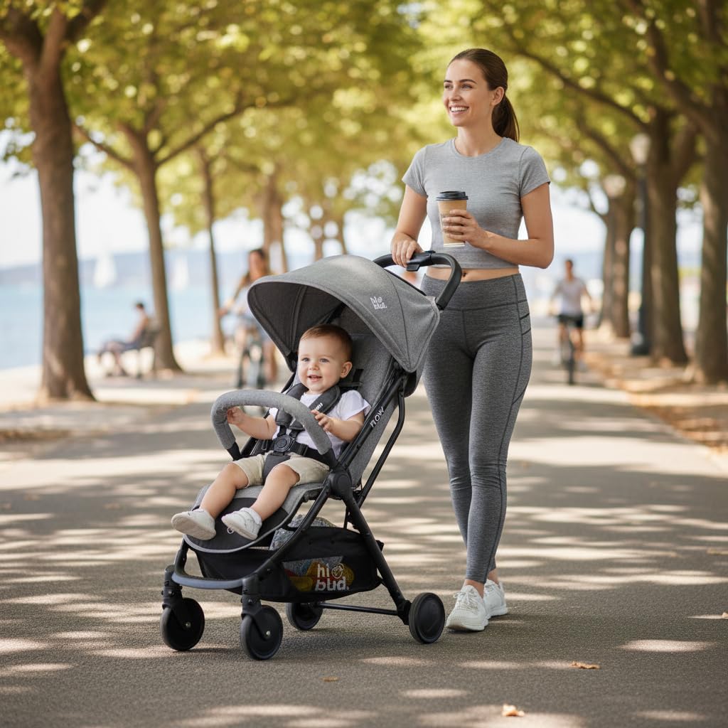 HiBud Baby Stroller, Lightweight Compact Stroller with One-Hand Auto Folding, 5-Point Harness, Adjustable Footrest, Multi-Position Recline, Carry Strap, Supports up to 40 lbs (Grey)