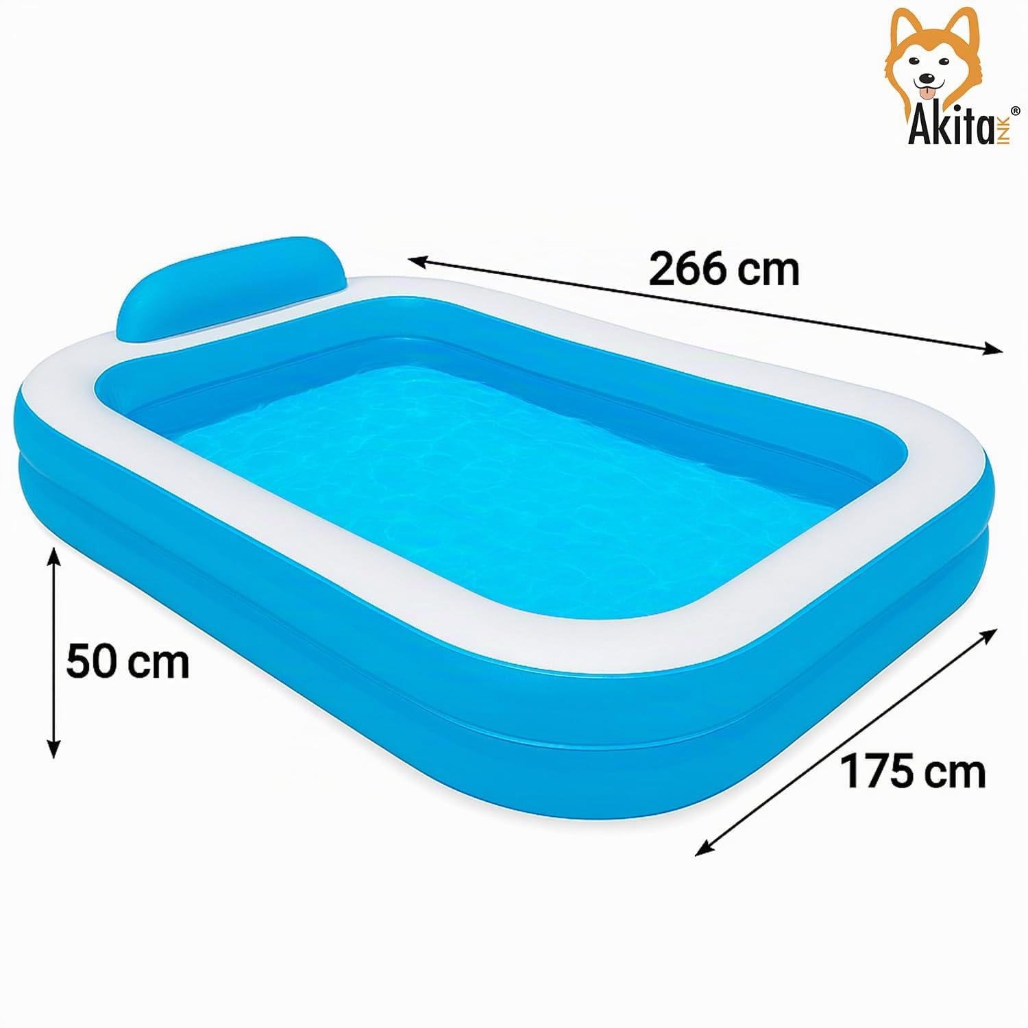 Akitaink Piscina Gonfiabile Family 266x175x50 cm | Con Cuscini Incorporati, PVC Resistente, 2 Anelli, Azzurro Bianco, Per Bambini dai 3 Anni