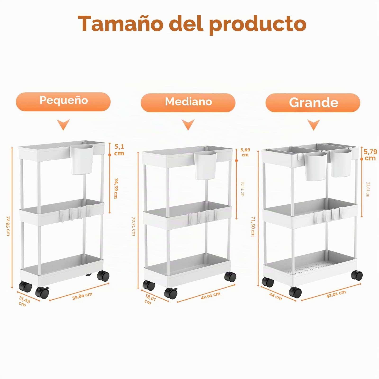 Pack of 3 Carrito Auxiliar Baño con Ruedas 3 Niveles Ahorro de Espacio Carro Organizador con Ganchos y Tazas de Cocina Oficina (Blanco)