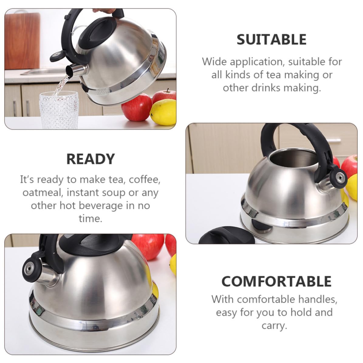 Hervidor de Agua Silbante de Acero Inoxidable Capacidad de 3l, Mango Cómodo y Diseño Plata para Cocina de Inducción y Sopa Instantánea