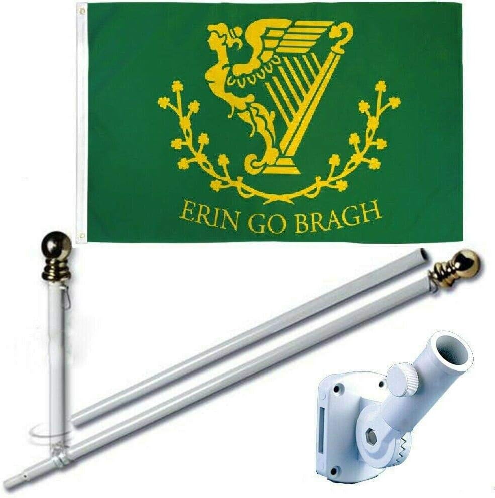 MWS 3'X5' Ireland Irish Erin Go Bragh Harp Premium 210D 3x5 Flag Set (Super Polyester) w/Heavy Duty 6-Feet Spinning Flag Pole Bracket Residential Commercial