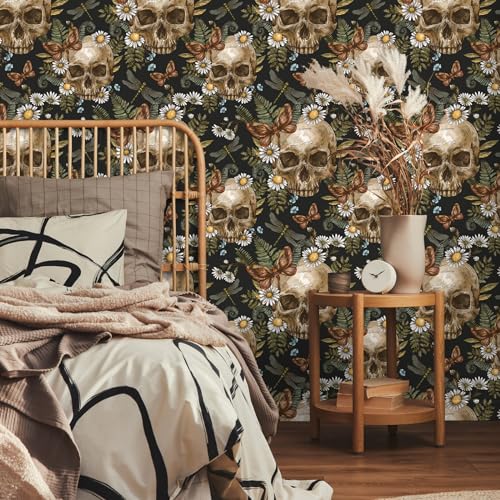 VEELIKE Tapete Totenköpfen Farnen Gothic Dunkle Blumentapete Vintage Tapete Blumen Schwarz Mustertapete Tropische Blätter Dschungel Tapeten Kinderzimmer Badezimmer Schlafzimmer Flur 44.5cm x 300cm