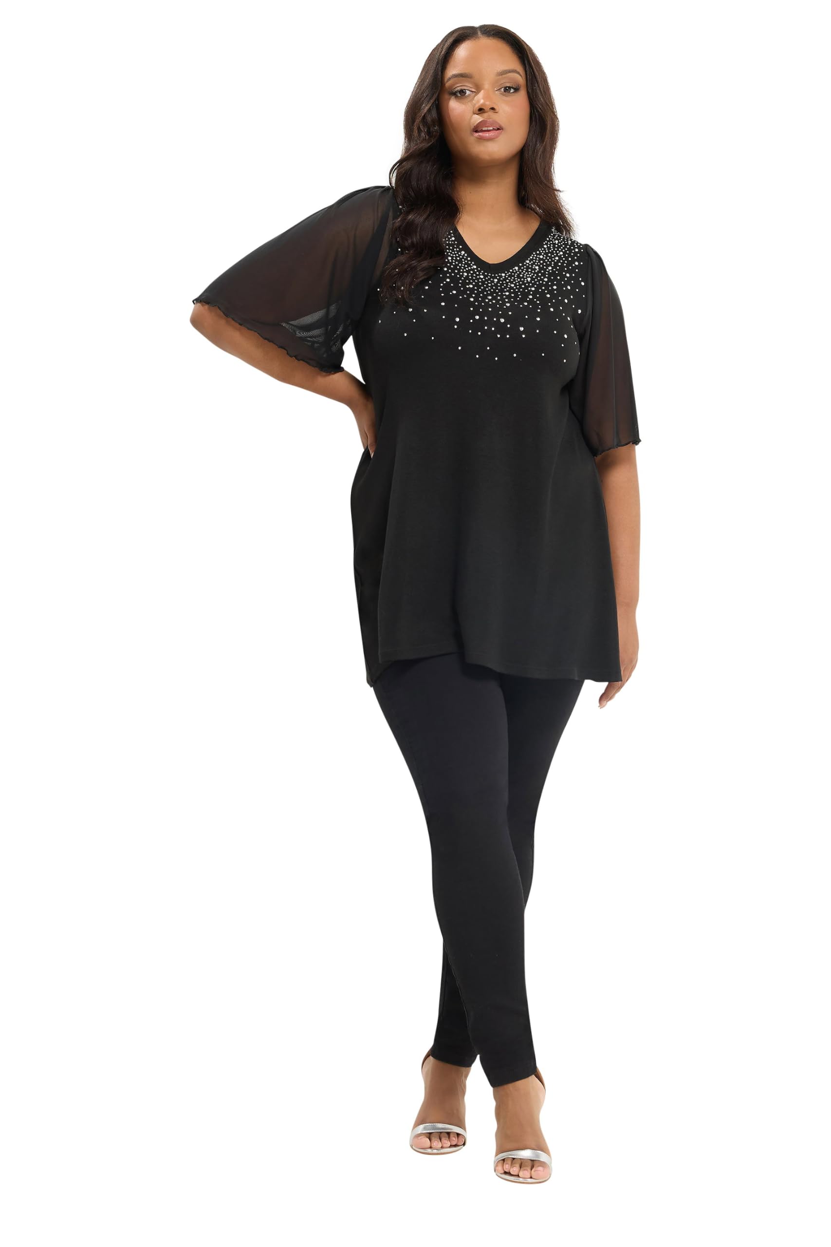 Yours Curve Diamante Mesh Sleeve Top - Women's - Plus Size Curve