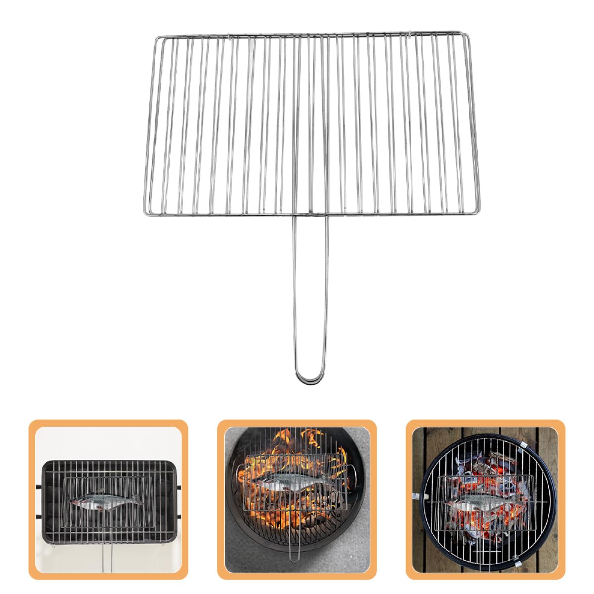 Griglia per pesce in acciaio inox con manico, portatile, verticale, per barbecue, falò, carne, verdure e gamberetti