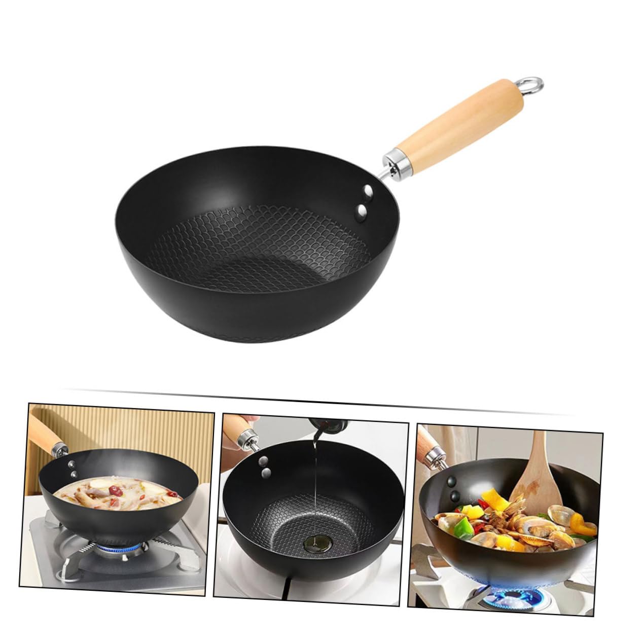 Amazon｜PAMINGONO ノンスティック鉄製中華鍋28cm 木製ハンドル 耐熱