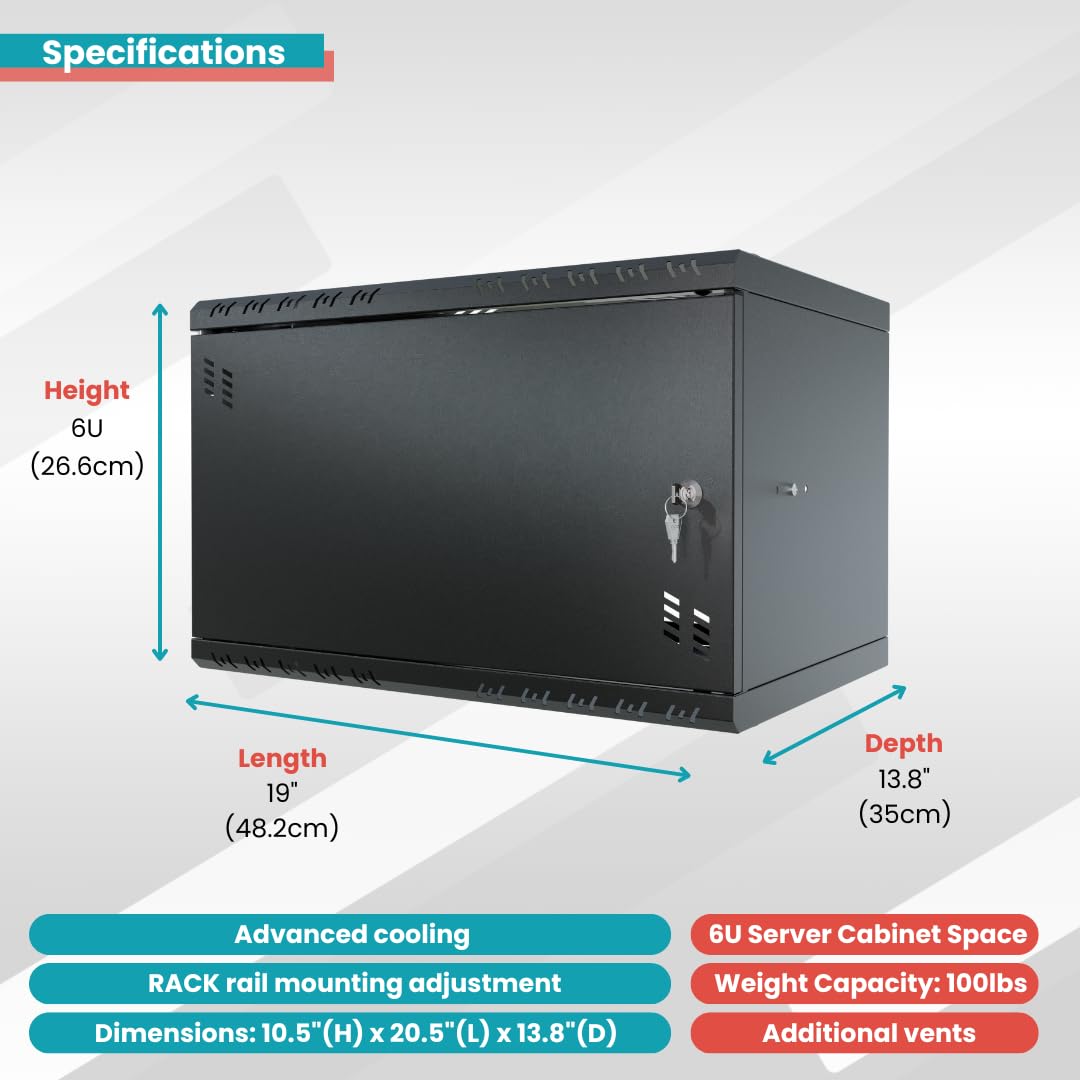 Armadio di Rete 19 Pollici - Armadio Rack 6U - Server Rack per Montaggio a Parete - Capacità di Carico 40 kg - Profondità 350 mm - Rack 19 Pollici - Nero