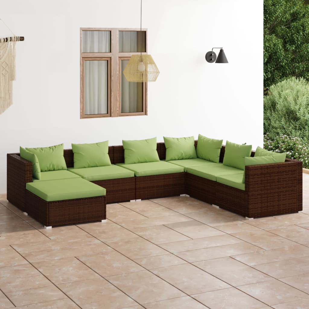 Juego de 7 muebles de ratán sintético para jardín, color marrón con cojines, juego modular para exteriores de ratán PE impermeable, marco de acero con recubrimiento en polvo, patas de plástico