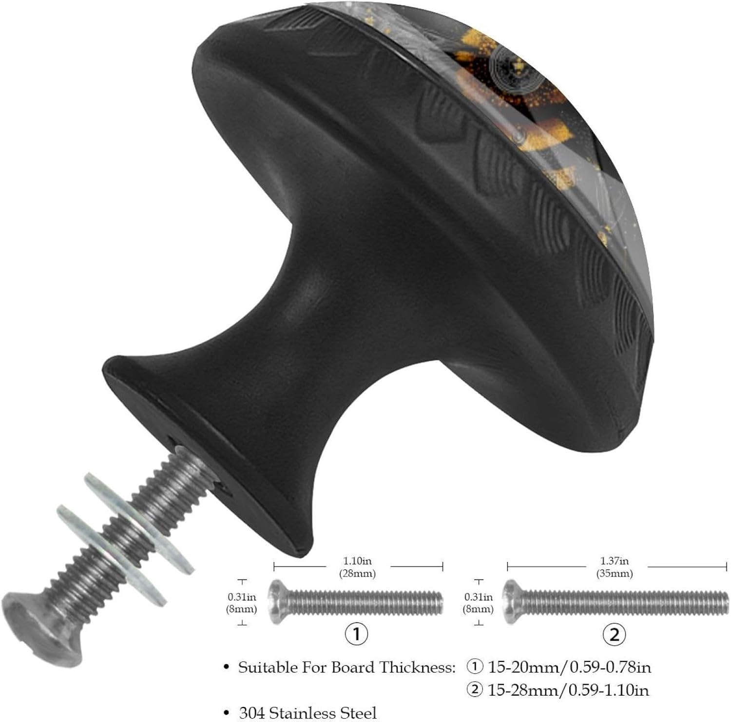 Black Aesthetic Art Bee (3) Round Cabinet Knobs, Furniture Hardware with Long & Short Screws for Household Use