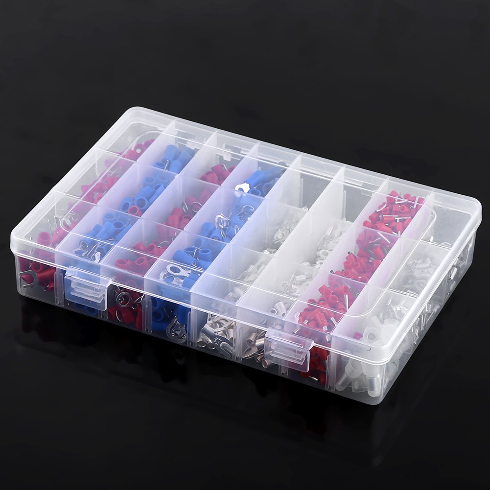 1000Pcs 24 Types Electrical Terminals Cable Wire Crimp Terminals Kit Cord Pin End Wiring Connectors Insulated Spade Fork Ring Assorted Set