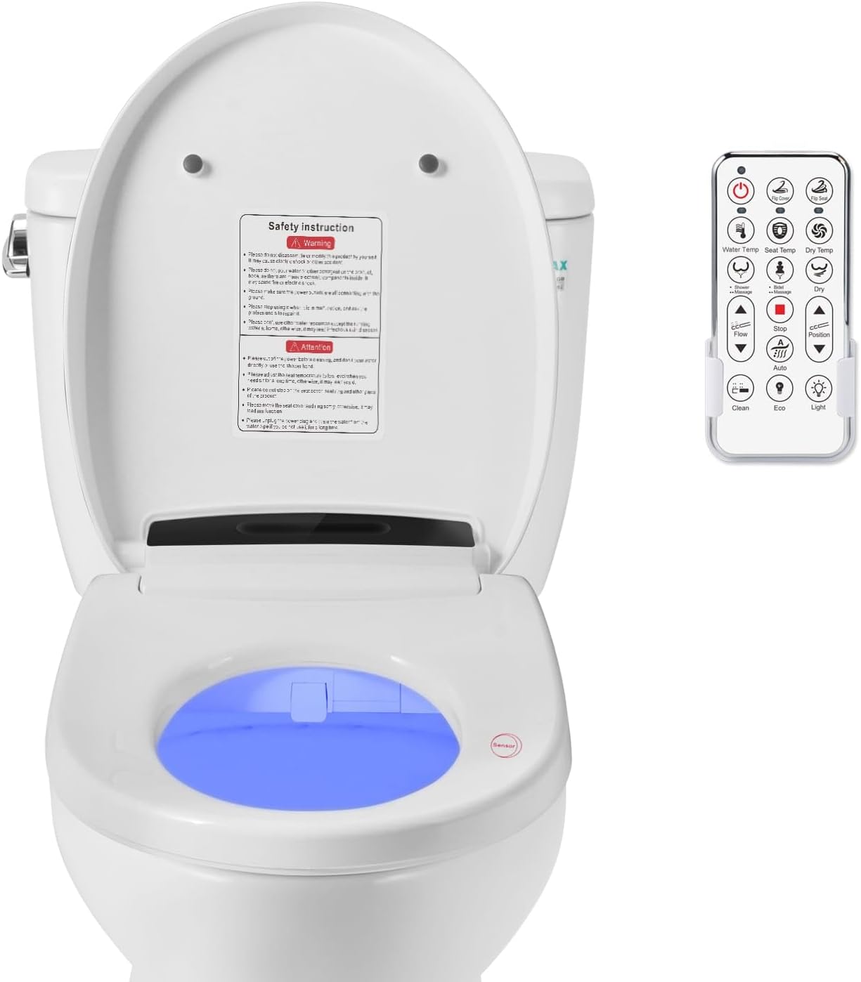 Electric Smart Toilet Seat Bidet with Slow Close Lid Cover, Instant Heated Seat, LCD, Adjustable Water Pressure & Temperature, Dual Positions, Self-Cleaning Nozzle, Night Light- Elongated