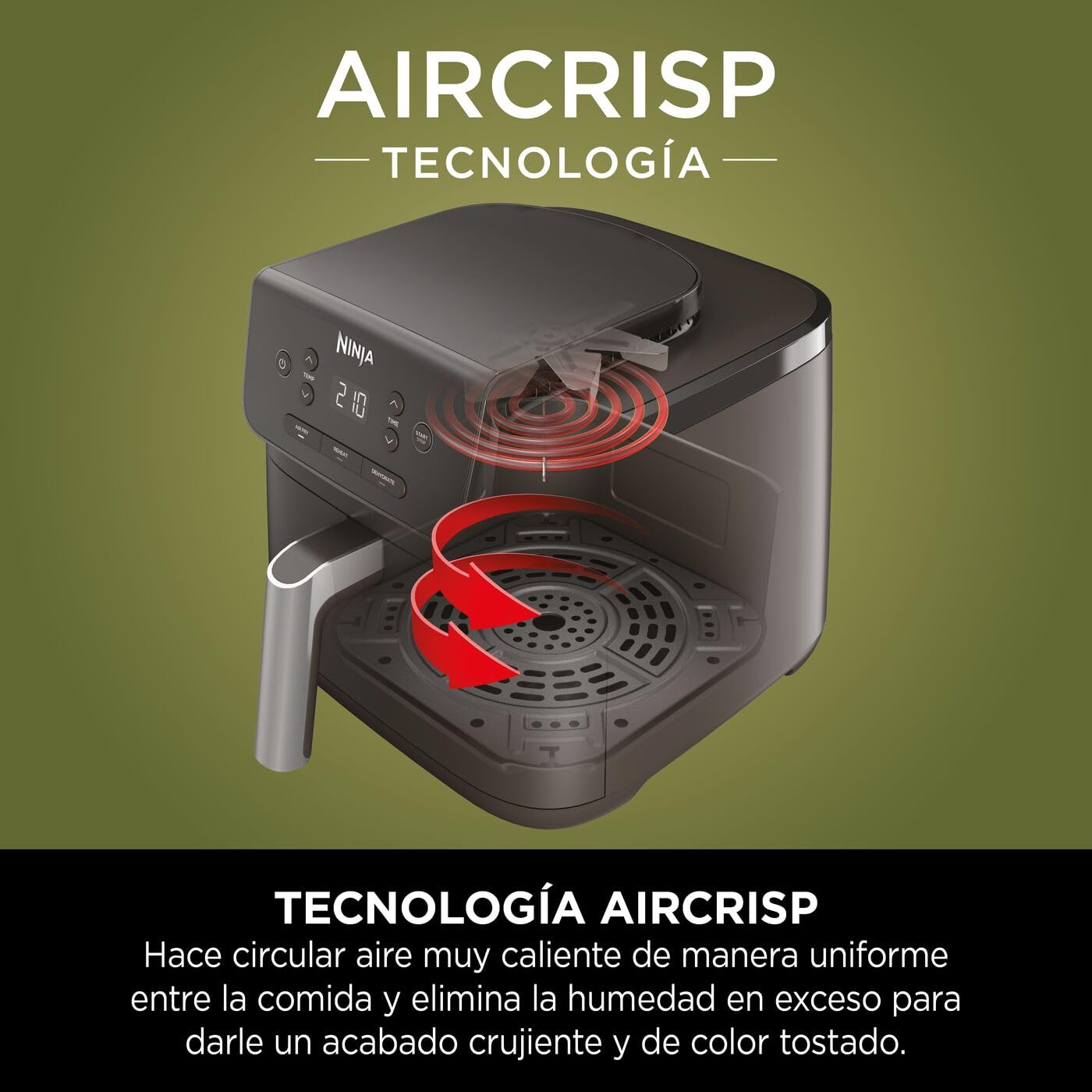 Ninja freidora de aire de 4,7 l, monocajón, 3 en 1, fríe con aire, recalienta, deshidrata, 1-2 personas, digital, cocina sin descongelar, cajón y rejilla antiadherentes, 2000W, negra AF110EU