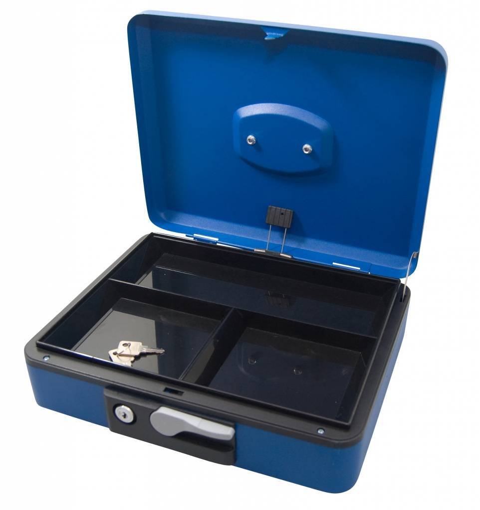 K2M Geldkassette 30cm blau Münzkassette Geldkasse Federdeckel