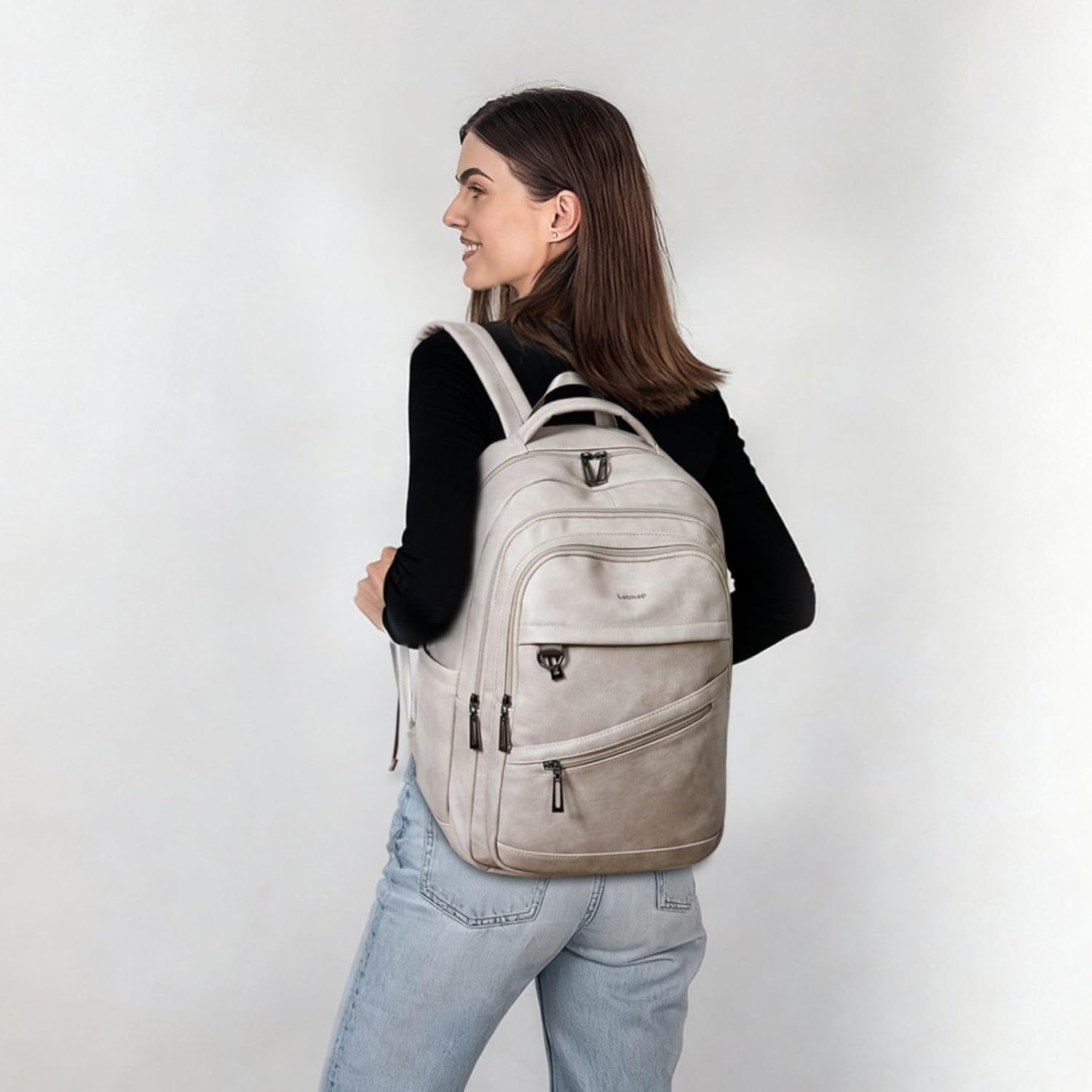 43L Backpack for Women Men - Vegan Leather Backpack Purse Travel Carry-on Bag College Bookbag Work fits 17" Laptop,Ash Gray Retro - Image 2