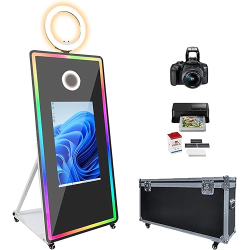 Photo Booth with Printer and DSLR Camera Magic Mirror Photo Booth for Party Events Wedding Rental 32-inch Interactive Touch Screen Selfie DSLR Photobooth Built-in Mini PC Ring Light RGB LED Frame