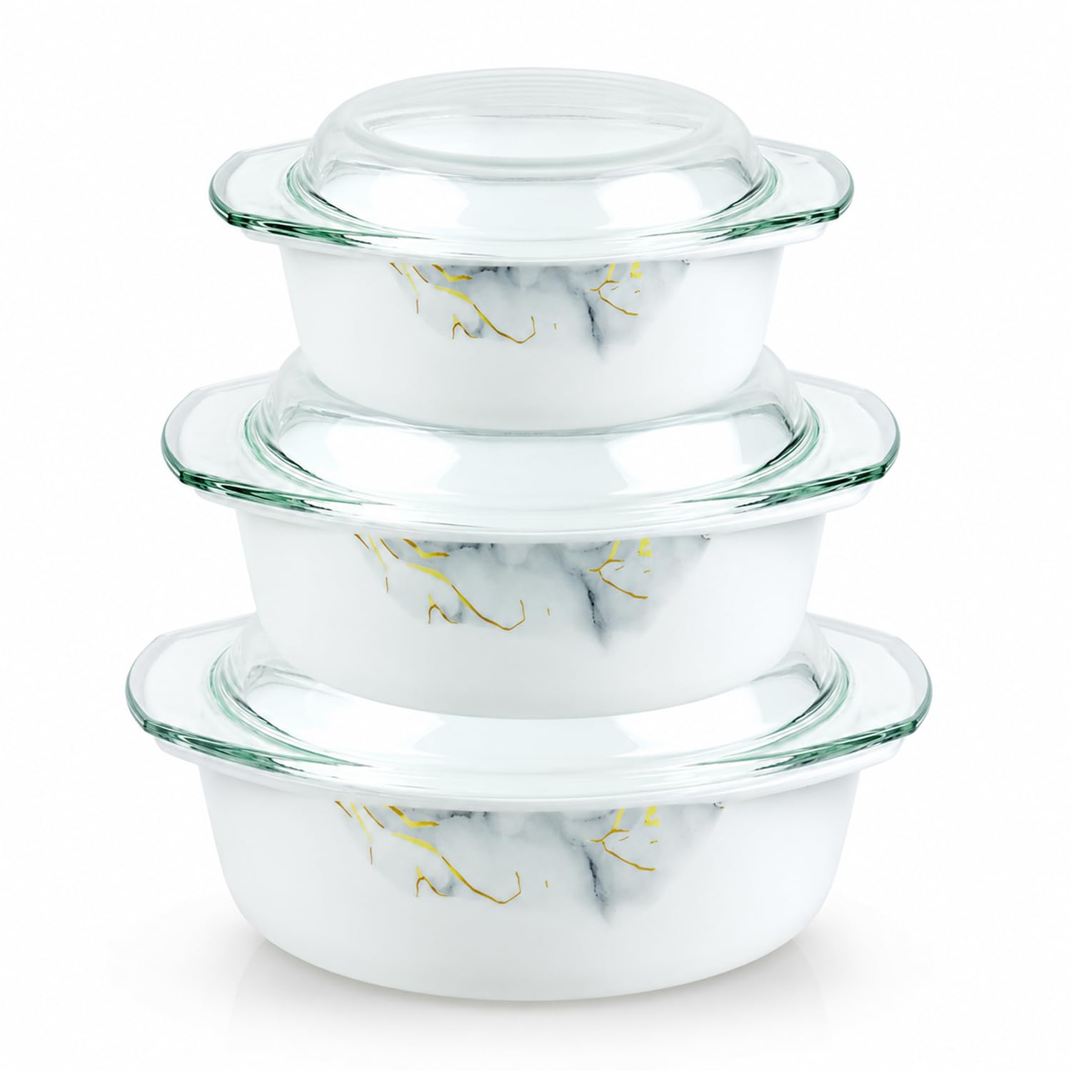 Homsmyth 3 Piece Casserole Dish with Glass Lids – 1L, 1.5L & 2.5L Ceramic Casserole Dishes, Oven Safe Baking Dishes with Lids, Microwave Safe, Serving & Food Storage Casseroles (Marble)