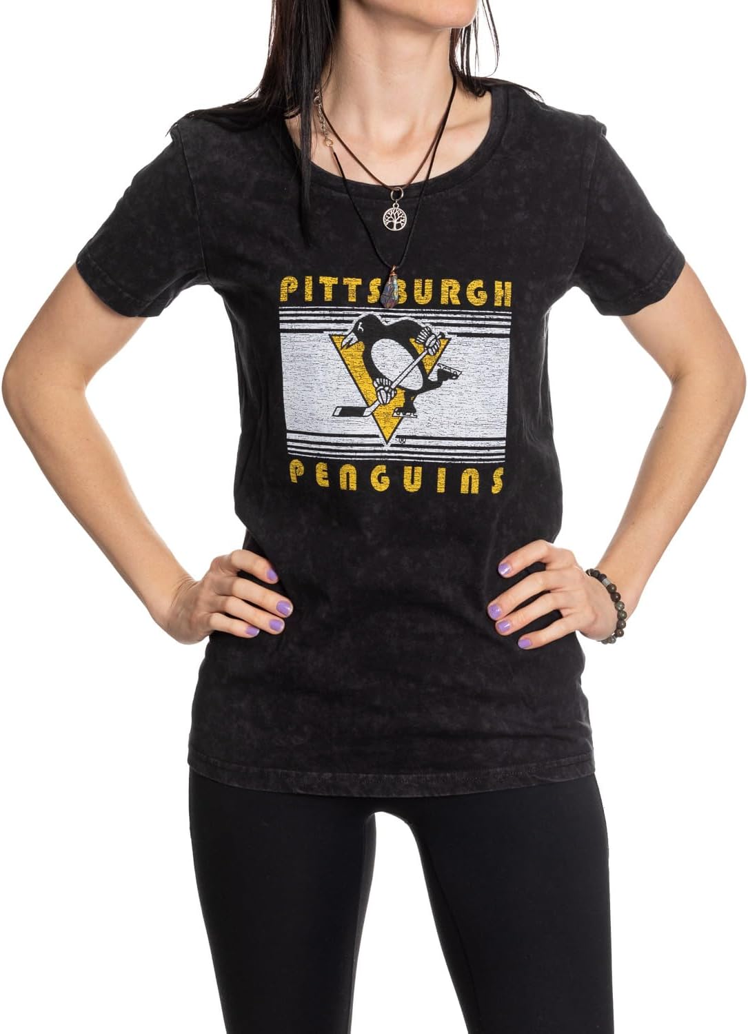 Calhoun NHL Womens Acid Wash Round Neck Block Logo T-Shirt