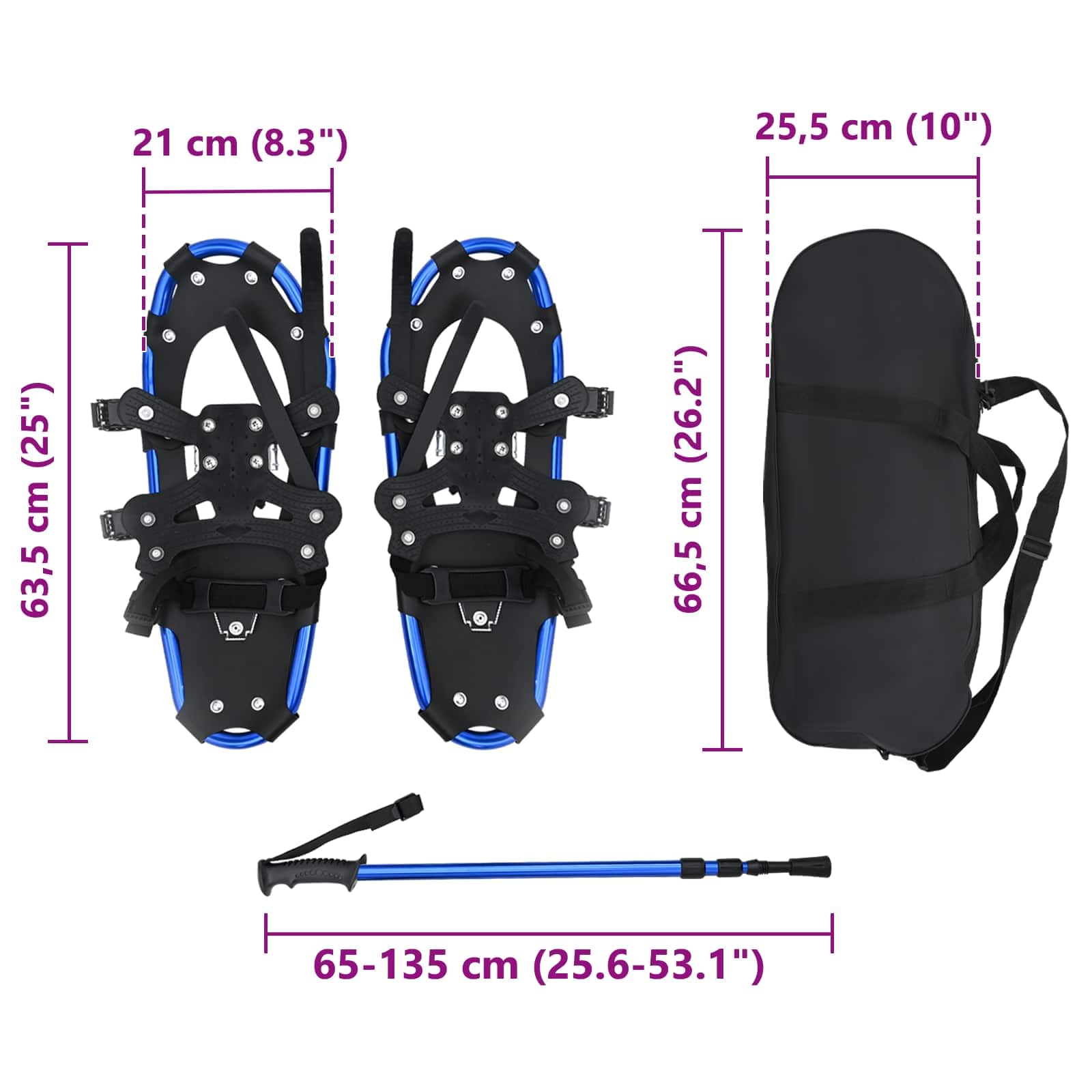 Raquette da neve 3 in 1 con bastoncini da trekking blu nero in alluminio e HDPE, 63,5 x 21 cm, regolabili per donna, uomo, bambino, antiscivolo, con borsa per il trasporto
