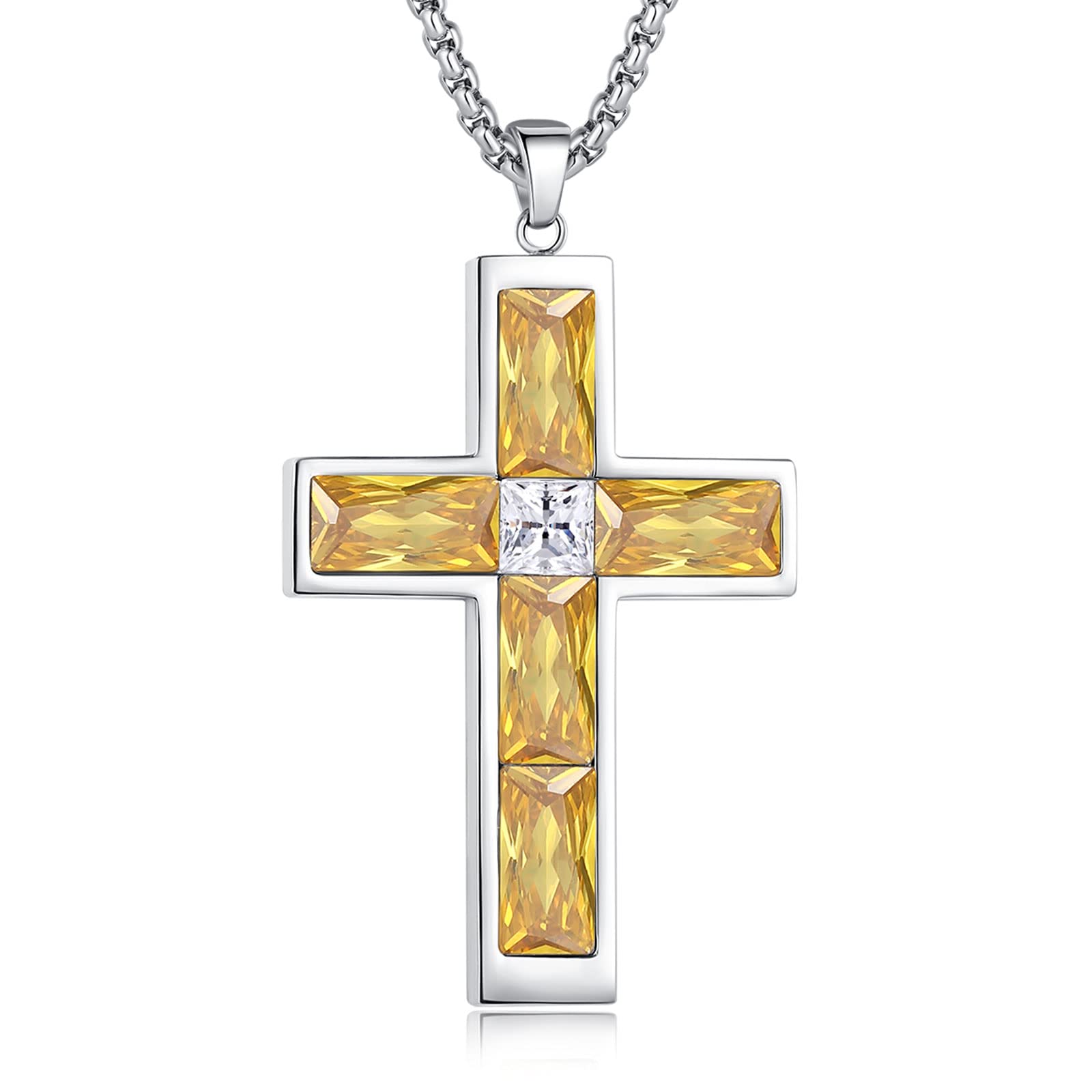 Birthstone Cross Necklace for Men, 316L Stainless Steel with Cubic Zirconia Cross Pendant Necklace for Women, 24Inch Chain Handmade Jewelry
