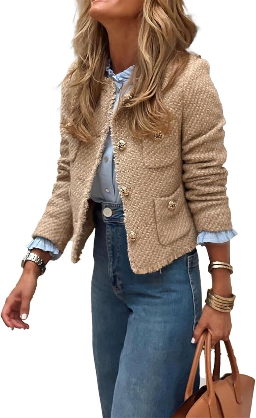 Generico Giacca Da Donna in Tweed Corta Elegante Casual E Business A Maniche Lunghe Con Bottoni Giacca Leggera Da Ufficio Da Lavoro Con Scollo Rotondo